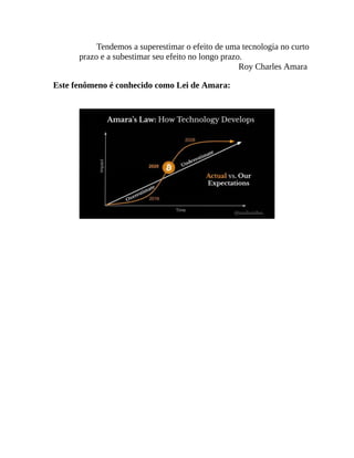 Tendemos a superestimar o efeito de uma tecnologia no curto
prazo e a subestimar seu efeito no longo prazo.
Roy Charles Amara
Este fenômeno é conhecido como Lei de Amara:
 