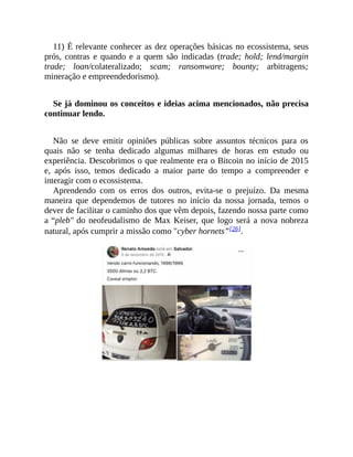 11) É relevante conhecer as dez operações básicas no ecossistema, seus
prós, contras e quando e a quem são indicadas (trade; hold; lend/margin
trade; loan/colateralizado; scam; ransomware; bounty; arbitragens;
mineração e empreendedorismo).
Se já dominou os conceitos e ideias acima mencionados, não precisa
continuar lendo.
Não se deve emitir opiniões públicas sobre assuntos técnicos para os
quais não se tenha dedicado algumas milhares de horas em estudo ou
experiência. Descobrimos o que realmente era o Bitcoin no início de 2015
e, após isso, temos dedicado a maior parte do tempo a compreender e
interagir com o ecossistema.
Aprendendo com os erros dos outros, evita-se o prejuízo. Da mesma
maneira que dependemos de tutores no início da nossa jornada, temos o
dever de facilitar o caminho dos que vêm depois, fazendo nossa parte como
a “pleb" do neofeudalismo de Max Keiser, que logo será a nova nobreza
natural, após cumprir a missão como "cyber hornets”[26].
 