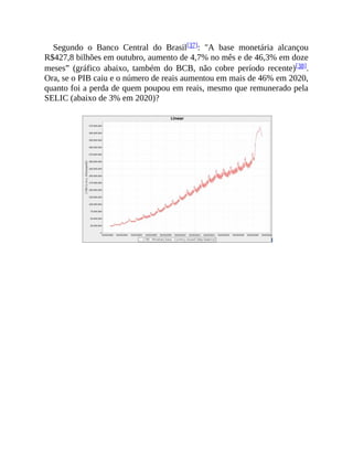 Segundo o Banco Central do Brasil[37]: "A base monetária alcançou
R$427,8 bilhões em outubro, aumento de 4,7% no mês e de 46,3% em doze
meses” (gráfico abaixo, também do BCB, não cobre período recente)[38].
Ora, se o PIB caiu e o número de reais aumentou em mais de 46% em 2020,
quanto foi a perda de quem poupou em reais, mesmo que remunerado pela
SELIC (abaixo de 3% em 2020)?
 