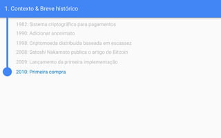 1. Contexto & Breve histórico
1982: Sistema criptográfico para pagamentos
1990: Adicionar anonimato
1998: Criptomoeda distribuída baseada em escassez
2008: Satoshi Nakamoto publica o artigo do Bitcoin
2009: Lançamento da primeira implementação
2010: Primeira compra
 