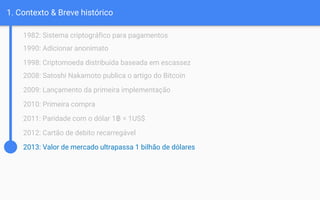 1. Contexto & Breve histórico
1982: Sistema criptográfico para pagamentos
1990: Adicionar anonimato
1998: Criptomoeda distribuída baseada em escassez
2008: Satoshi Nakamoto publica o artigo do Bitcoin
2009: Lançamento da primeira implementação
2010: Primeira compra
2011: Paridade com o dólar 1฿ = 1US$
2012: Cartão de debito recarregável
2013: Valor de mercado ultrapassa 1 bilhão de dólares
 