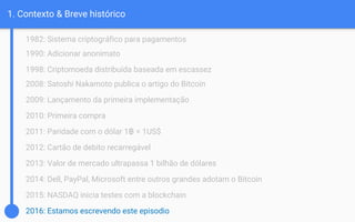 1. Contexto & Breve histórico
1982: Sistema criptográfico para pagamentos
1990: Adicionar anonimato
1998: Criptomoeda distribuída baseada em escassez
2008: Satoshi Nakamoto publica o artigo do Bitcoin
2009: Lançamento da primeira implementação
2010: Primeira compra
2011: Paridade com o dólar 1฿ = 1US$
2012: Cartão de debito recarregável
2013: Valor de mercado ultrapassa 1 bilhão de dólares
2014: Dell, PayPal, Microsoft entre outros grandes adotam o Bitcoin
2015: NASDAQ inicia testes com a blockchain
2016: Estamos escrevendo este episodio
 