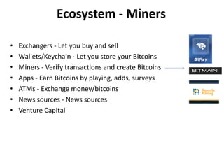 Ecosystem - Miners
• Exchangers - Let you buy and sell
• Wallets/Keychain - Let you store your Bitcoins
• Miners - Verify transactions and create Bitcoins
• Apps - Earn Bitcoins by playing, adds, surveys
• ATMs - Exchange money/bitcoins
• News sources - News sources
• Venture Capital
 