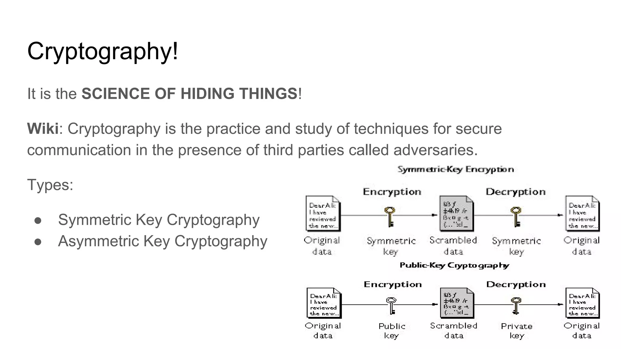 Cryptography!
It is the SCIENCE OF HIDING THINGS!
Wiki: Cryptography is the practice and study of techniques for secure
communication in the presence of third parties called adversaries.
Types:
● Symmetric Key Cryptography
● Asymmetric Key Cryptography
 
