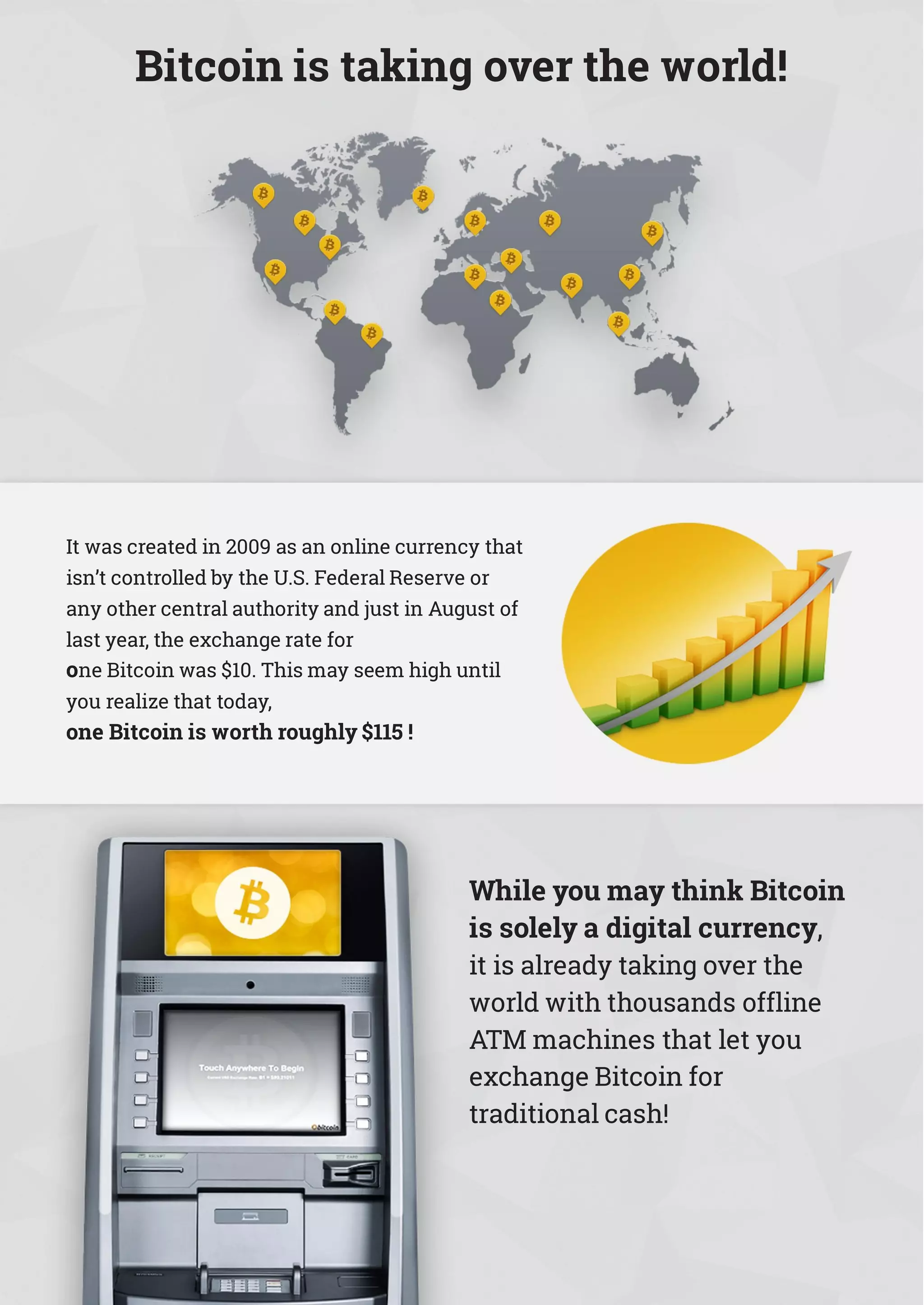 Bitcoin is taking over the world!
It was created in 2009 as an online currency that
isn’t controlled by the U.S. Federal Reserve or
any other central authority and just in August of
last year, the exchange rate for
one Bitcoin was $10. This may seem high until
you realize that today,
one Bitcoin is worth roughly $115 !
While you may think Bitcoin
is solely a digital currency,
it is already taking over the
world with thousands offline
ATM machines that let you
exchange Bitcoin for
traditional cash!
 