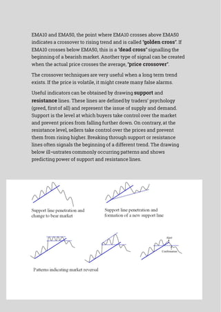 EMA10 and EMA50, the point where EMA10 crosses above EMA50
indicates a crossover to rising trend and is called “golden cross”. If
EMA10 crosses below EMA50, this is a “dead cross” signalling the
beginning of a bearish market. Another type of signal can be created
when the actual price crosses the average, “price crossover”.
The crossover techniques are very useful when a long term trend
exists. If the price is volatile, it might create many false alarms.
Useful indicators can be obtained by drawing support and
resistance lines. These lines are definedby traders’ psychology
(greed, firstof all) and represent the issue of supply and demand.
Support is the level at which buyers take control over the market
and prevent prices from falling further down. On contrary, at the
resistance level, sellers take control over the prices and prevent
them from rising higher. Breaking through support or resistance
lines often signals the beginning of a different trend. The drawing
below ill¬ustrates commonly occurring patterns and shows
predicting power of support and resistance lines.
 