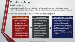 Priceless in Action
Priceless Engine:
An innovative new platform for marketing that allows the brand to provide its bank partners
with the deep insights that help them deliver the right offers to their customers at the right time
Seven Step Digital Engine: Hugh Jackman’s Priceless Special
https://www.youtube.com/watch?v=LRy1ITaeEXU
• Share a story about
this amazing person
for the chance to
reunite with them this
NewYear’s Eve as a
Priceless Surprise....”
• To create an
emotional spark with
people by encouraging
them to share a story
• This campaign invited
viewers to share their
own memories
• Mastercard received
thousands of stories
from the consumers
• Mastercard used the
content to create
customized merchant
offers to attract
consumers
• Using demographics and
market data, company
convinced merchants to
participate in the campaign
• Singapore was a top shopping
& entertainment spot for
Indian consumers.
• Partnered with Resorts World
Sentosa
1. Emotional Spark 2. Engagement 3. Right Merchant Right Offer
 
