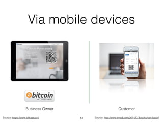 Via mobile devices
Source: https://www.bitkassa.nl/
Business Owner Customer
Source: http://www.wired.com/2014/07/blockchai...
