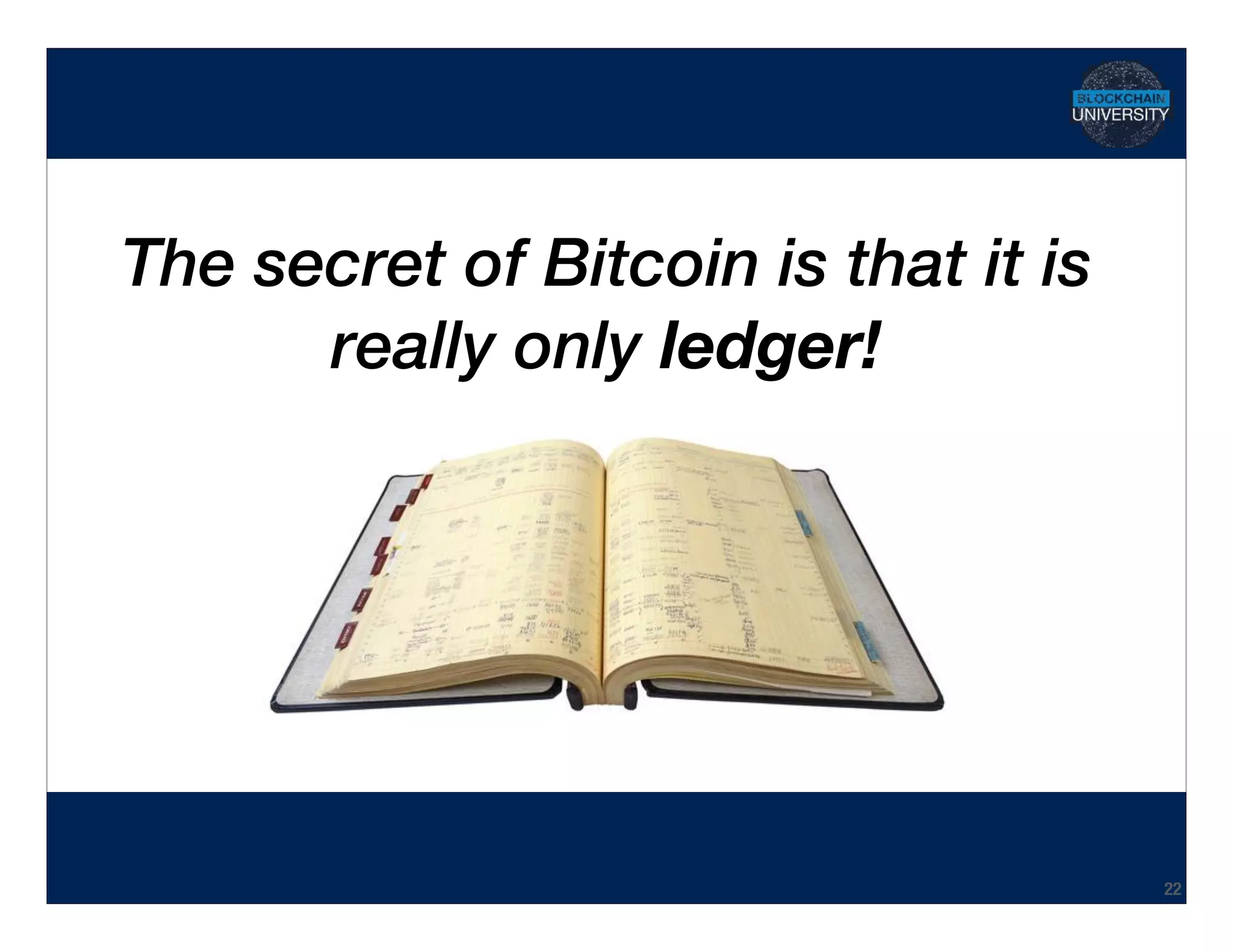 Hidden Transcript
The secret of Bitcoin is that it is
really only ledger!
22
 