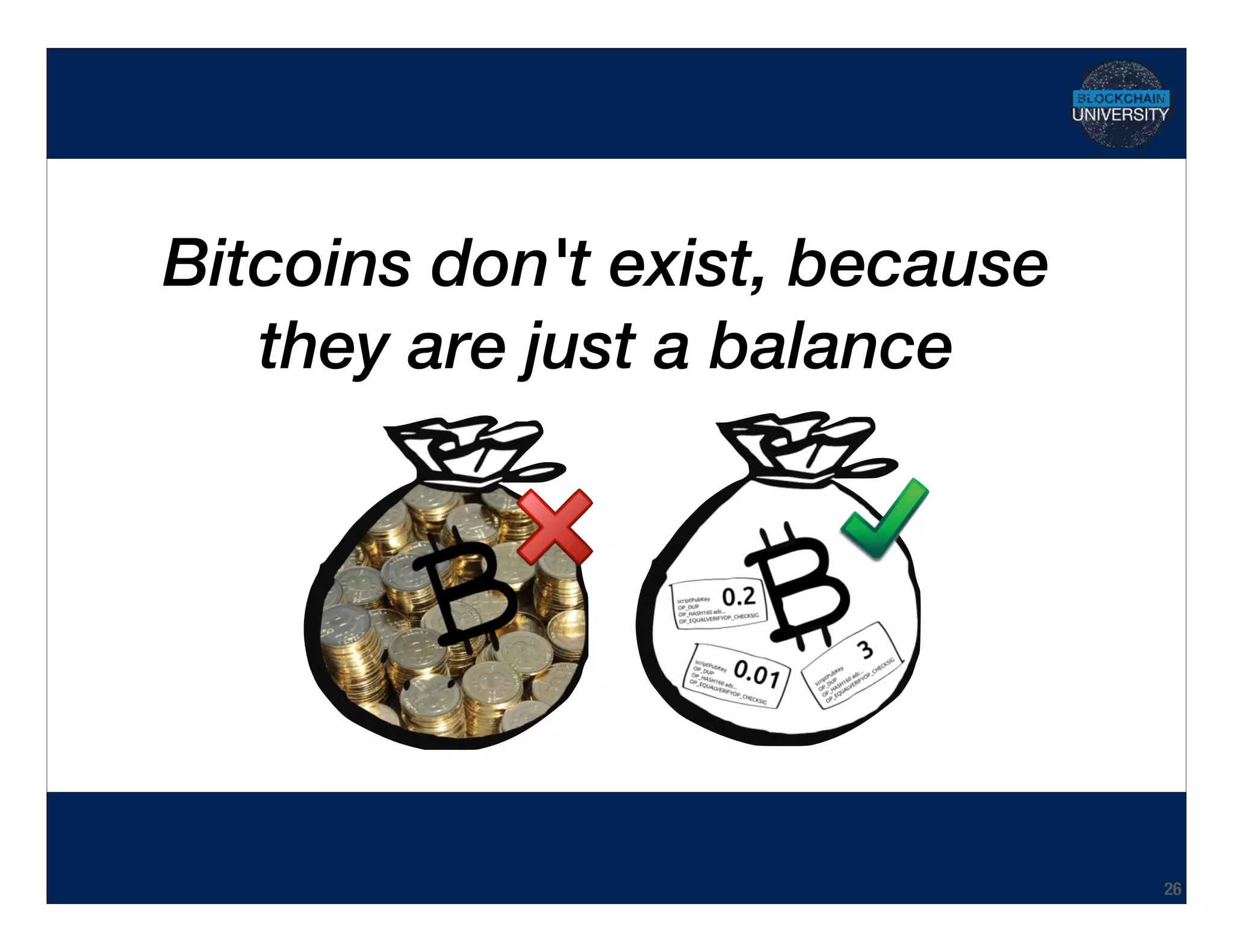 Hidden Transcript
Bitcoins don't exist, because 
they are just a balance
26
 