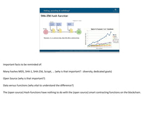 Blockchain Workspace www.blockchainworkspace.com
Hiding, puzzling & colliding?
Source: Princeton University / Coursera: Introduction to Crypto and Cryptocurrencies
Important	facts	to	be	reminded	of:	
 
Many	hashes	MD5,	SHA-1,	SHA-256,	Scrypt,	…	(why	is	that	important?	:	diversity,	dedicated	goals)	
Open	Source	(why	is	that	important?)	
Data	versus	Functions	(why	vital	to	understand	the	difference?)	
The	(open	source)	Hash-functions	have	nothing	to	do	with	the	(open	source)	smart	contracting	functions	on	the	blockchain.
 