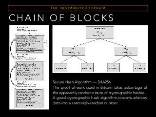 C H A I N O F B L O C K S
T H E D I S T R I B U T E D L E D G E R
Secure Hash Algorithm — SHA256
The proof of work used in Bitcoin takes advantage of
the apparently random nature of cryptographic hashes.
A good cryptographic hash algorithm converts arbitrary
data into a seemingly-random number.
 