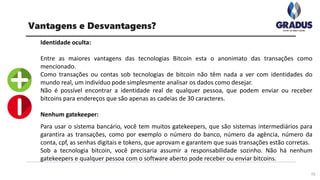 Identidade oculta:
Entre as maiores vantagens das tecnologias Bitcoin esta o anonimato das transações como
mencionado.
Como transações ou contas sob tecnologias de bitcoin não têm nada a ver com identidades do
mundo real, um indivíduo pode simplesmente analisar os dados como desejar.
Não é possível encontrar a identidade real de qualquer pessoa, que podem enviar ou receber
bitcoins para endereços que são apenas as cadeias de 30 caracteres.
Nenhum gatekeeper:
Para usar o sistema bancário, você tem muitos gatekeepers, que são sistemas intermediários para
garantira as transações, como por exemplo o número do banco, número da agência, número da
conta, cpf, as senhas digitais e tokens, que aprovam e garantem que suas transações estão corretas.
Sob a tecnologia bitcoin, você precisaria assumir a responsabilidade sozinho. Não há nenhum
gatekeepers e qualquer pessoa com o software aberto pode receber ou enviar bitcoins.
10
Vantagens e Desvantagens?
 