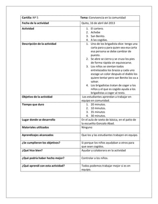 Cartilla: Nº 5 Tema: Convivencia en la comunidad
Fecha de la actividad Quito, 16 de abril del 2013
Actividad 1. El cartero...