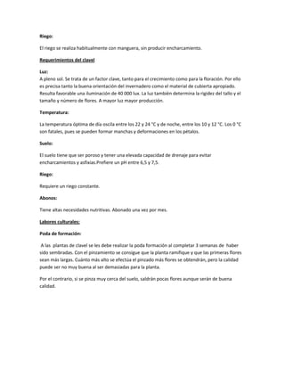 Riego:
El riego se realiza habitualmente con manguera, sin producir encharcamiento.
Requerimientos del clavel
Luz:
A pleno sol. Se trata de un factor clave, tanto para el crecimiento como para la floración. Por ello
es precisa tanto la buena orientación del invernadero como el material de cubierta apropiado.
Resulta favorable una iluminación de 40 000 lux. La luz también determina la rigidez del tallo y el
tamaño y número de flores. A mayor luz mayor producción.
Temperatura:
La temperatura óptima de día oscila entre los 22 y 24 °C y de noche, entre los 10 y 12 °C. Los 0 °C
son fatales, pues se pueden formar manchas y deformaciones en los pétalos.
Suelo:
El suelo tiene que ser poroso y tener una elevada capacidad de drenaje para evitar
encharcamientos y asfixias.Prefiere un pH entre 6,5 y 7,5.
Riego:
Requiere un riego constante.
Abonos:
Tiene altas necesidades nutritivas. Abonado una vez por mes.
Labores culturales:
Poda de formación:
A las plantas de clavel se les debe realizar la poda formación al completar 3 semanas de haber
sido sembradas. Con el pinzamiento se consigue que la planta ramifique y que las primeras flores
sean más largas. Cuánto más alto se efectúa el pinzado más flores se obtendrán, pero la calidad
puede ser no muy buena al ser demasiadas para la planta.
Por el contrario, si se pinza muy cerca del suelo, saldrán pocas flores aunque serán de buena
calidad.

 