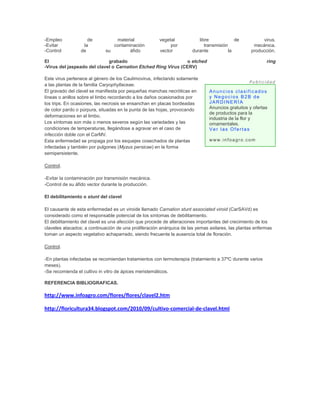 -Empleo
-Evitar
-Control

de
la
de

material
contaminación
su
áfido

vegetal
por
vector

libre
de
transmisión
durante
la

virus.
mecánica.
producción.

El
grabado
o etched
-Virus del jaspeado del clavel o Carnation Etched Ring Virus (CERV)
Este virus pertenece al género de los Caulimovirus, infectando solamente
a las plantas de la familia Caryophyllaceae.
El gravado del clavel se manifiesta por pequeñas manchas necróticas en
líneas o anillos sobre el limbo recordando a los daños ocasionados por
los trips. En ocasiones, las necrosis se ensanchan en placas bordeadas
de color pardo o púrpura, situadas en la punta de las hojas, provocando
deformaciones en el limbo.
Los síntomas son más o menos severos según las variedades y las
condiciones de temperaturas, llegándose a agravar en el caso de
infección doble con el CarMV.
Esta enfermedad se propaga por los esquejes cosechados de plantas
infectadas y también por pulgones (Myzus persicae) en la forma
semipersistente.

ring

Publicidad

Anuncios clasificados
y Negocios B2B de
JARDINERÍA
Anuncios gratuitos y ofertas
de productos para la
industria de la flor y
ornamentales.
Ver las Ofertas
www.infoagro.com

Control.
-Evitar la contaminación por transmisión mecánica.
-Control de su áfido vector durante la producción.
El debilitamiento o stunt del clavel
El causante de esta enfermedad es un viroide llamado Carnation stunt associated viroid (CarSAVd) es
considerado como el responsable potencial de los síntomas de debilitamiento.
El debilitamiento del clavel es una afección que procede de alteraciones importantes del crecimiento de los
claveles atacados; a continuación de una proliferación anárquica de las yemas axilares, las plantas enfermas
toman un aspecto vegetativo achaparrado, siendo frecuente la ausencia total de floración.
Control.
-En plantas infectadas se recomiendan tratamientos con termoterapia (tratamiento a 37ºC durante varios
meses).
-Se recomienda el cultivo in vitro de ápices meristemáticos.
REFERENCIA BIBLIOGRAFICAS.

http://www.infoagro.com/flores/flores/clavel2.htm
http://floricultura34.blogspot.com/2010/09/cultivo-comercial-de-clavel.html

 