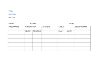 TEMA:
SUBTEMA:
MATERIA:
GRUPO: EQUIPO: FECHA:
INTEGRANTES PARTICIPACIÓN ACTIVIDAD TAREAS OBSERVACIONES
EQUIPO INDIVIDUAL CASA SALÓN