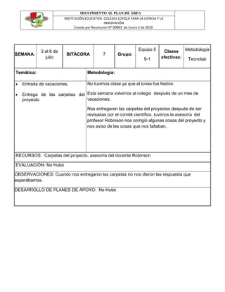 SEGUIMIENTO AL PLAN DE ÁREA
                        INSTITUCIÓN EDUCATIVA COLEGIO LOYOLA PARA LA CIENCIA Y LA
                                                 INNOVACIÓN
                              Creada por Resolución N° 00003 de Enero 5 de 2010.




            3 al 6 de                                             Equipo 5      Clases Metodología
SEMANA:                  BITÁCORA             7       Grupo:
              julio                                                  9-1       efectivas: Tecnolab


Temática:                            Metodología:

   Entrada de vacaciones.            No tuvimos clase ya que el lunes fue festivo.

   Entrega de las carpetas del Esta semana volvimos al colegio después de un mes de
   proyecto                    vacaciones.

                                     Nos entregaron las carpetas del proyectos después de ser
                                     revisadas por el comité científico, tuvimos la asesoría del
                                     profesor Robinson nos corrigió algunas cosas del proyecto y
                                     nos aviso de las cosas que nos faltaban.




RECURSOS: Carpetas del proyecto, asesoría del docente Robinson

EVALUACIÓN: No Hubo

OBSERVACIONES: Cuando nos entregaron las carpetas no nos dieron las respuesta que
esperábamos.

DESARROLLO DE PLANES DE APOYO: No Hubo
 