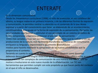 ENTERATE
En la dimensión comunicativa
Desde los lineamientos curriculares (1998), el niño de preescolar, el uso cotidiano del
idioma, su lengua materna en primera instancia, y de las diferentes formas de expresión
y comunicación, le permiten centrar su atención en el contenido de lo que desea
expresar y a partir del conocimiento que tiene va elaborando de un acontecimiento,
constituyéndose el lenguaje en la forma de expresión de su pensamiento. Por tanto, las
oportunidades que facilitan y estimulan el uso apropiado de un sistema simbólico de
forma comprensiva y expresiva potencian el proceso de pensamiento
Entre más variadas y ricas son sus interacciones con aquellos que lo rodean y con las
producciones de la cultura, más fácilmente transforma sus maneras de comunicarse,
enriquece su lenguaje y expresividad e igualmente diversifica los
medios para hacerlo mediante la apropiación de las nuevas posibilidades que le
proporciona el contexto.
Teniendo en cuenta lo anterior se puede concluir que nosotros como docentes
debemos desarrollar estrategias didácticas que le permitan a los niños y niñas acceder a
estos procesos tan complejos de comunicación de una manera más lúdica, que los
motive a involucrarse en este nuevo mundo de la alfabetización. Las TIC son
herramientas que permiten cumplir con este propósito ya que hacen parte del contexto
en el que el niño se desenvuelve.
 
