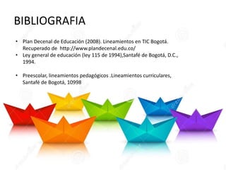 BIBLIOGRAFIA
• Plan Decenal de Educación (2008). Lineamientos en TIC Bogotá.
Recuperado de http://www.plandecenal.edu.co/
• Ley general de educación (ley 115 de 1994),Santafé de Bogotá, D.C.,
1994.
• Preescolar, lineamientos pedagógicos .Lineamientos curriculares,
Santafé de Bogotá, 10998
 
