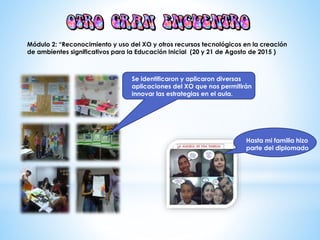 Módulo 2: “Reconocimiento y uso del XO y otros recursos tecnológicos en la creación
de ambientes significativos para la Educación Inicial (20 y 21 de Agosto de 2015 )
Se identificaron y aplicaron diversas
aplicaciones del XO que nos permitirán
innovar las estrategias en el aula.
Hasta mi familia hizo
parte del diplomado
 