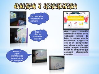 Que gran diversión
identificar a través de la
webquest fantasía de
letras la primera letra de
mi nombre y jugar con
ella en el computador,
nos dimos cuenta que
varios amigos también
tienen mi letra por lo que
compartí alegremente
con ellos.
Por cual letra
empezará mi
nombre
Sigo y
sigo los
trazos del
arco iris
Vamos a
jugar
identificando
las vocales y
las imágenes
 