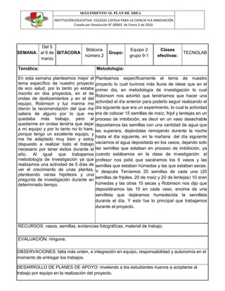 SEGUIMIENTO AL PLAN DE ÁREA
                  INSTITUCIÓN EDUCATIVA COLEGIO LOYOLA PARA LA CIENCIA YLA INNOVACIÓN
                             Creada por Resolución N° 00003 de Enero 5 de 2010.




         Del 5
                                   Bitácora                 Equipo 2         Clases
SEMANA: al 9 de BITÁCORA                        Grupo:                                   TECNOLAB
                                   número 2                 grupo 9-1       efectivas:
        marzo

Temática:                                Metodología:

En esta semana planteamos mejor el       Planteamos específicamente el tema de nuestro
tema específico de nuestro proyecto      proyecto lo cual tuvimos más lluvia de ideas que en el
de eco salud, por lo tanto yo estaba     primer dia, en metodología de investigación lo cual
inscrito en dos proyectos, en el de
                                         Robinson nos advirtió que tendríamos que hacer una
ondas de deslizamientos y en el del
equipo, Robinson y luz marina me         actividad el día anterior para poderlo seguir realizando el
dieron la recomendación del que me       día siguiente que era un experimento, lo cual la actividad
saliera de alguno por lo que me          era de colocar 15 semillas de maíz, frijol y lentejas en un
quedaba más trabajo, pero al             proceso de imbibición, es decir en un vaso desechable
quedarme en ondas tendría que dejar      depositamos las semillas con una cantidad de agua que
a mi equipo y por lo tanto no lo hare,   las superara, dejándolas remojando durante la noche
porque tengo un excelente equipo, y
                                         hasta el día siguiente, en la mañana del día siguiente
me he adaptado muy bien y estoy
dispuesto a realizar todo el trabajo     vaciamos el agua depositada en los vasos, dejando solo
necesario por tener éxitos durante el    las semillas que estaban en proceso de imbibición, ya
año. Al igual que trabajamos             cuando estábamos en la clase de investigación el
metodología de investigación ya que      profesor nos pidió que sacáramos los 6 vasos y las
realizamos una actividad de 5 días de    semillas que estaban húmedas y las que estaban secas.
ver el crecimiento de unas plantas,      Y después Teníamos 20 semillas de cada una (20
planteando varias hipótesis y una
                                         semillas de frijoles, 20 de maíz y 20 de lentejas) 10 eran
pregunta de investigación durante en
determinado tiempo.                      húmedas y las otras 10 secas y Robinson nos dijo que
                                         depositáramos las 10 en cada vaso, encima de una
                                         servilleta que dejáramos humedecida la servilleta
                                         durante el día. Y esto fue lo principal que trabajamos
                                         durante el proyecto.



RECURSOS: vasos, semillas, evidencias fotográficas, material de trabajo.

EVALUACIÓN: ninguna.

OBSERVACIONES: falta más orden, e integración en equipo, responsabilidad y autonomía en el
momento de entregar los trabajos.

DESARROLLO DE PLANES DE APOYO: nivelando a los estudiantes nuevos a acoplarse al
trabajo por equipo en la realización del proyecto.
 