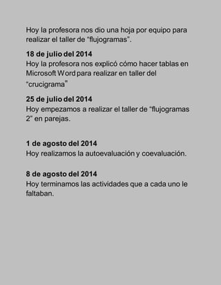 Hoy la profesora nos dio una hoja por equipo para 
realizar el taller de “flujogramas”. 
18 de julio del 2014 
Hoy la profesora nos explicó cómo hacer tablas en 
Microsoft Word para realizar en taller del 
“crucigrama” 
25 de julio del 2014 
Hoy empezamos a realizar el taller de “flujogramas 
2” en parejas. 
1 de agosto del 2014 
Hoy realizamos la autoevaluación y coevaluación. 
8 de agosto del 2014 
Hoy terminamos las actividades que a cada uno le 
faltaban. 
