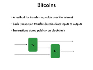 • A method for transferring value over the internet
• Each transaction transfers bitcoins from inputs to outputs
• Transactions stored publicly on blockchain
Tx
Tx
Bitcoins