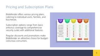 9
Pricing and Subscription Plans
Bitdefender offers various pricing plans,
catering to individual users, families, and
businesses.
Subscription options range from basic
antivirus coverage to comprehensive
security suites with additional features.
Regular discounts and promotions make
Bitdefender an attractive choice for budget-
conscious consumers.
 