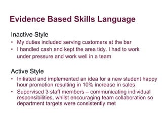 Evidence Based Skills Language
Inactive Style
• My duties included serving customers at the bar
• I handled cash and kept ...
