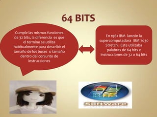 ¿Cuales son las diferencias entre las versiones de 32 y 64bits de Windows? 64 BITS32 BITSHacen referencia al modo en que el procesador de un equipo administra la información. Las versiones de 32 y 64 bits de Windows están diseñadas para ser usadas en equipos con procesadores de 32 y 64 bits respectivamenteLas versiones de 64 bits de Windows pueden usar más memoria que las versiones de 32 bits de Windows. Esto contribuye a minimizar el tiempo dedicado al intercambio de procesos dentro y fuera de la memoria