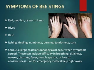 ❖ Red, swollen, or warm lump
❖ Hives
❖ Rash
❖ Itching, tingling, numbness, burning, tenderness, pain
❖ Serious allergic reactions (anaphylaxis) occur when symptoms
spread. These can include difficulty in breathing, dizziness,
nausea, diarrhea, fever, muscle spasms, or loss of
consciousness. Call for emergency medical help right away.
 