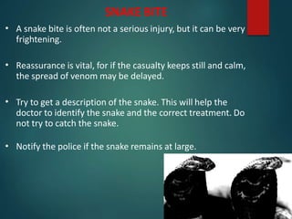 • A snake bite is often not a serious injury, but it can be very
frightening.
• Reassurance is vital, for if the casualty keeps still and calm,
the spread of venom may be delayed.
• Try to get a description of the snake. This will help the
doctor to identify the snake and the correct treatment. Do
not try to catch the snake.
• Notify the police if the snake remains at large.
SNAKE BITE
 