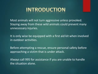 Most animals will not turn aggressive unless provoked.
Staying away from these wild animals could prevent many
unnecessary injuries.
It is only wise be equipped with a first aid kit when involved
in outdoor activities.
Before attempting a rescue, ensure personal safety before
approaching a victim that is under attack.
Always call 995 for assistance if you are unable to handle
the situation alone.
 