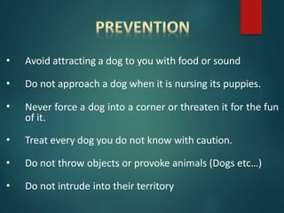 • Avoid attracting a dog to you with food or sound
• Do not approach a dog when it is nursing its puppies.
• Never force a dog into a corner or threaten it for the fun
of it.
• Treat every dog you do not know with caution.
• Do not throw objects or provoke animals (Dogs etc…)
• Do not intrude into their territory
 