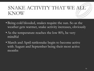 SNAKE ACTIVITY THAT WE ALL
KNOW
• Being cold blooded, snakes require the sun. So as the
weather gets warmer, snake activity increases, obviously
• As the temperature reaches the low 80’s, be very
mindful
• March and April rattlesnake begin to become active
with August and September being their most active
months
21
 