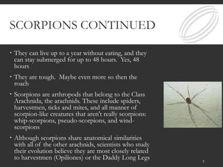 SCORPIONS CONTINUED
 They can live up to a year without eating, and they
can stay submerged for up to 48 hours. Yes, 48
hours
 They are tough. Maybe even more so then the
roach
 Scorpions are arthropods that belong to the Class
Arachnida, the arachnids. These include spiders,
harvestmen, ticks and mites, and all manner of
scorpion-like creatures that aren't really scorpions:
whip-scorpions, pseudo-scorpions, and wind-
scorpions
 Although scorpions share anatomical similarities
with all of the other arachnids, scientists who study
their evolution believe they are most closely related
to harvestmen (Opiliones) or the Daddy Long Legs 7
 
