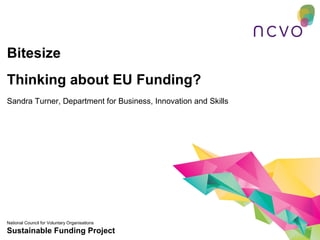 Bitesize
Thinking about EU Funding?
Sandra Turner, Department for Business, Innovation and Skills




National Council for Voluntary Organisations
Sustainable Funding Project
 
