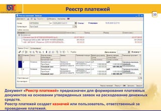 Реестр платежей Документ « Реестр платежей » предназначен для формирования платежных документов на основании утвержденных заявок на расходование денежных средств. Реестр платежей создает  казначей  или пользователь, ответственный за проведение платежей. 