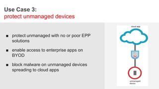 Use Case 3:
protect unmanaged devices
■ protect unmanaged with no or poor EPP
solutions
■ enable access to enterprise apps on
BYOD
■ block malware on unmanaged devices
spreading to cloud apps
 
