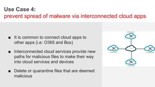 Use Case 4:
prevent spread of malware via interconnected cloud apps
■ It is common to connect cloud apps to
other apps (i.e: O365 and Box)
■ Interconnected cloud services provide new
paths for malicious files to make their way
into cloud services and devices
■ Delete or quarantine files that are deemed
malicious
 