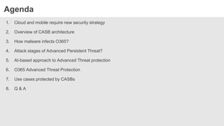 Agenda
1. Cloud and mobile require new security strategy
2. Overview of CASB architecture
3. How malware infects O365?
4. Attack stages of Advanced Persistent Threat?
5. AI-based approach to Advanced Threat protection
6. O365 Advanced Threat Protection
7. Use cases protected by CASBs
8. Q & A
 