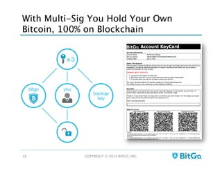 With Multi-Sig You Hold Your Own
Bitcoin, 100% on Blockchain
COPYRIGHT © 2014 BITGO, INC. 
18
 