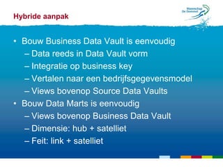 Hybride aanpak


• Bouw Business Data Vault is eenvoudig
  – Data reeds in Data Vault vorm
  – Integratie op business key
  – Vertalen naar een bedrijfsgegevensmodel
  – Views bovenop Source Data Vaults
• Bouw Data Marts is eenvoudig
  – Views bovenop Business Data Vault
  – Dimensie: hub + satelliet
  – Feit: link + satelliet
 