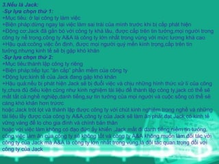 3.Nếu là Jack: - Sự lựa chọn thứ 1: +Mục tiêu: ở lại công ty làm việc +Biện pháp:dừng ngay lại việc làm sai trái của mình trước khi bị cấp phát hiện +Động cơ:Jack đã gắn bó với công ty khá lâu, được cấp trên tin tưởng,mọi người trong công ty nể trọng,công ty A&A là công ty lớn nhất trong vùng với mức lương khá cao +Hậu quả:ccông việc ổn định, được mọi người quý mến kính trọng,cấp trên tin tưởng.nhưng kinh tế sẽ bị gặp khó khăn - Sự lựa chọn thứ 2: +Mục tiêu:thành lập công ty riêng +Biện pháp:tiếp tục “ăn cắp” phần mềm của công ty +Động lực:kinh tế của Jack đang gặp khó khăn +Hậu quả:nếu bị phát hiện Jack sẽ bị đuổi việc và chịu những hình thức xử lí của công ty,chưa đủ điều kiện cũng như kinh nghiệm tài liệu để thành lập công ty,jack có thể sẽ mất tất cả:nghề nghiệp,danh tiếng,sự tin tưởng của mọi người và cuộc sống có thể sẽ càng khó khăn hơn trứơc hoặc Jack trót lọt và thành lập được công ty với chút kinh nghiêm trong nghề và những tài liệu lấy được của công ty A&A,công ty của Jack sẽ làm ăn phát đạt Jack có kinh tế vững vàng để lo cho gia đình và chính bản thân hoặc với việc làm không có đạo đức ấy khiến ,Jack mất đi danh tiếng,niềm tin tưỏng, công việc làm ăn của công ty sẽ không tốt và công ty A&A không muốn làm đối tác với công ty của Jack mà A&A là công ty lớn nhất trong vùng,là đối tác quan trọng đối với công ty của Jack 