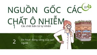 NGUỒN GỐC CÁC
CHẤT Ô NHIỄM
01
2
1 Các chất bẩn từ tự nhiên
Do hoạt động sống của con
người
 