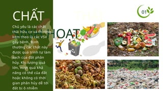 01
CHẤT THẢI
SINH HOẠT
Chủ yếu là các chất
thải hữu cơ và thường
kèm theo là các VSV
gây bệnh. Bình
thường các chất này
được quá trình tự làm
sạch của đất phân
hủy. Khi lượng quá
lớn, vượt quá khả
năng có thể của đất
hoặc không có thời
gian phân hủy dễ tới
đất bị ô nhiễm
 
