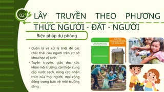 Biện pháp dự phòng
LÂY TRUYỀN THEO PHƯƠNG
THỨC NGƯỜI - ĐẤT - NGƯỜI
02
• Quản lý và xử lý triệt để các
chất thải của người trên cơ sở
khoa học vệ sinh
• Tuyên truyền, giáo dục sức
khỏe môi trường, cải thiện cung
cấp nước sạch, nâng cao nhận
thức của mọi người, mọi cộng
đồng trong bảo vệ môi trường
sống
 