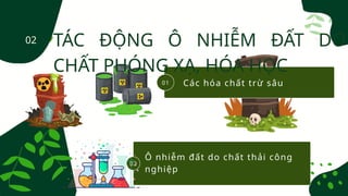 01
02
Các hóa chất trừ sâu
TÁC ĐỘNG Ô NHIỄM ĐẤT DO
CHẤT PHÓNG XẠ, HÓA HỌC
Ô nhiễm đất do chất thải công
nghiệp
02
 